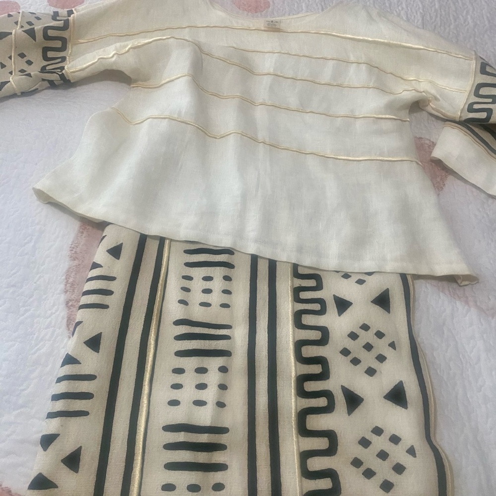 Exquisite Designer Nia two piece linen outfit with wrap around maxi skirt.